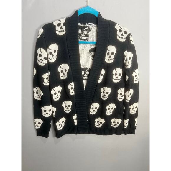 Skull Cardigan Black White Somfort Cozy Y2K Emo Goth Grunge Whimsy Rock Sz L - Picture 7 of 14
